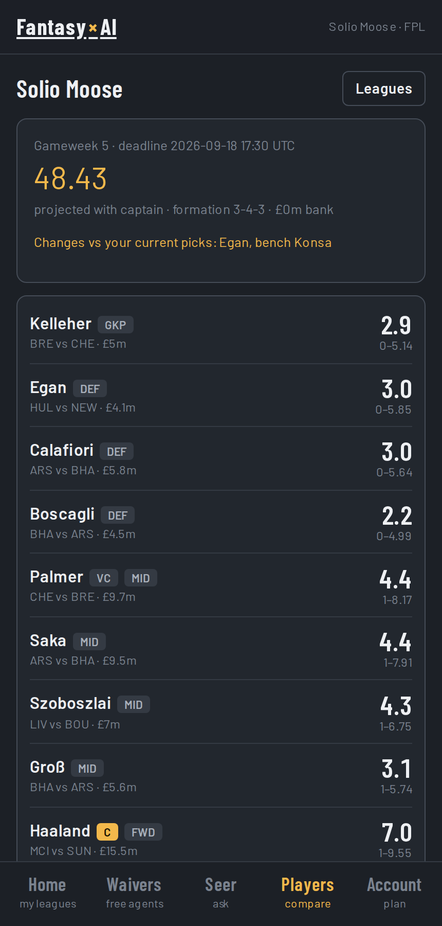 Fantasy Premier League team screen