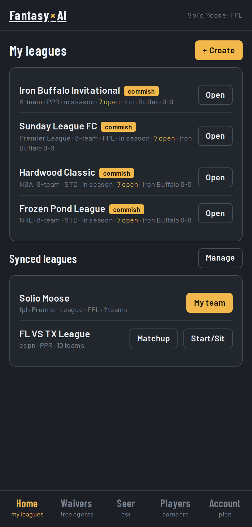 Home: your leagues across five sports