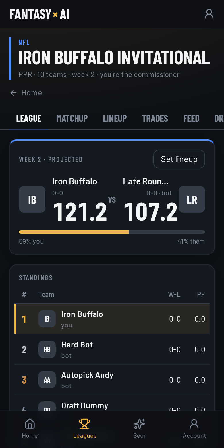 League home: this week's matchup, standings with playoff line, your team card