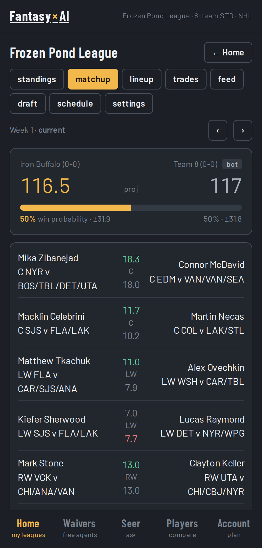 Matchup preview with win probability and projections
